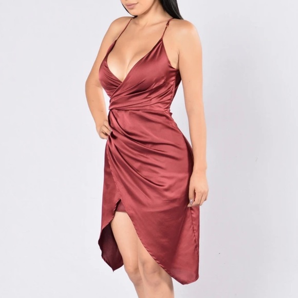 BURGUNDY SATIN HIGH LOW DRESS - Picture 2 of 11